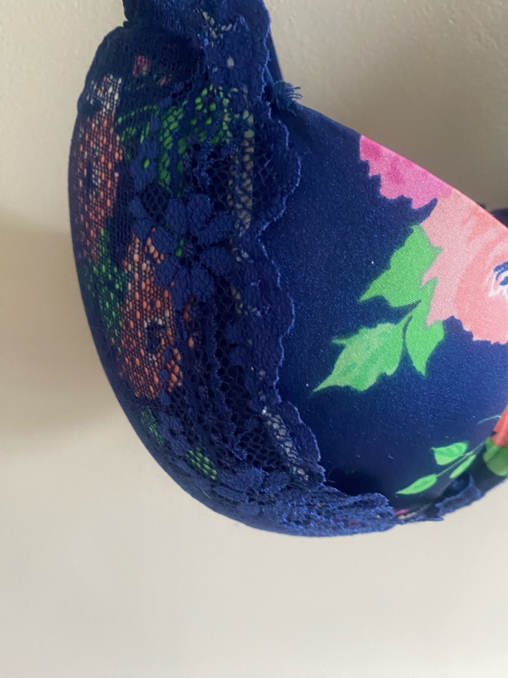 Floral Lace-Trim Navy Underwire Bra with Pink Accent - Picture 3 of 6
